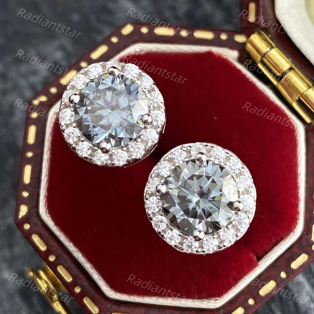 NEW Certified 2ct. t.w. Grey Moissanite 6 Round Halo Stud Earrings